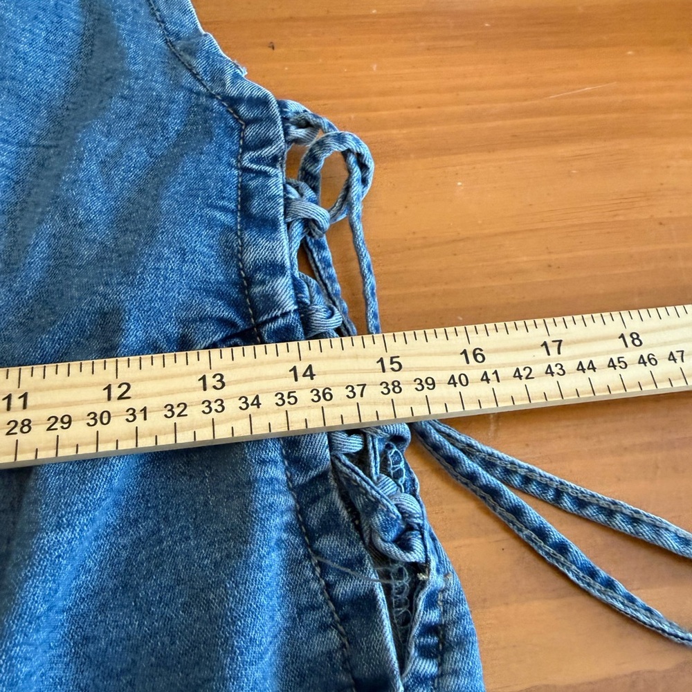 Sleeveless Denim Jumpsuit M Wide Leg Blue Open Back Thin Straps Boho Comfy Chic - Picture 13 of 16
